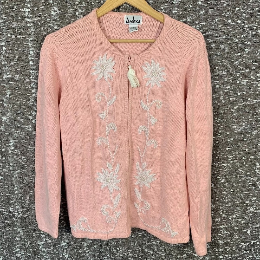 Vintage Ambra Pink‎ Knit Floral Beaded Full Zip Sweater Cottagecore Women's XL